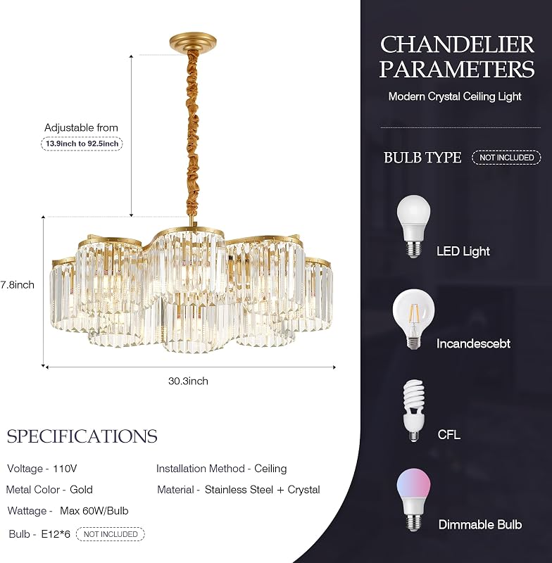 Lámpara techo dorada 8 luces cristal ajustable
