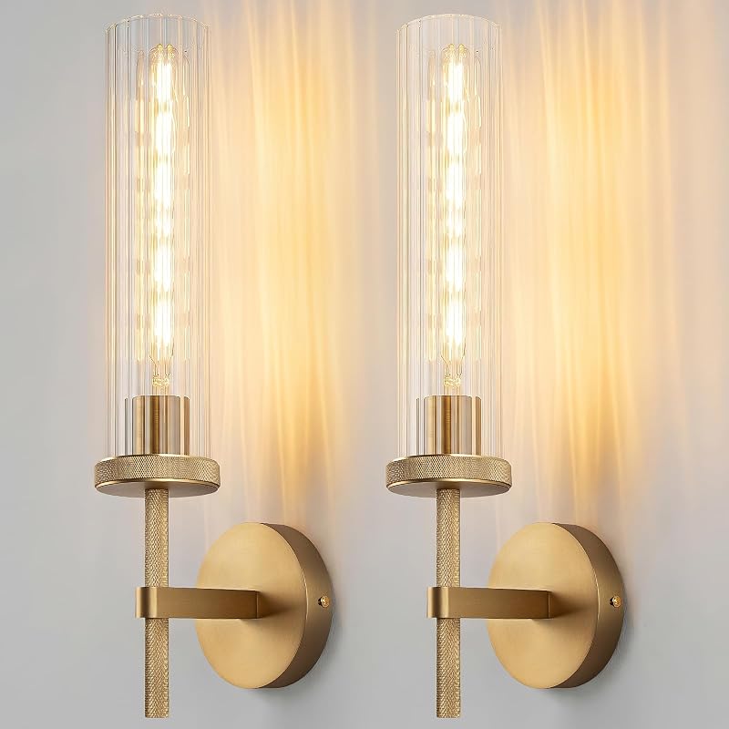 2 Apliques Pared Dorado 19.5" Vidrio Rayas
