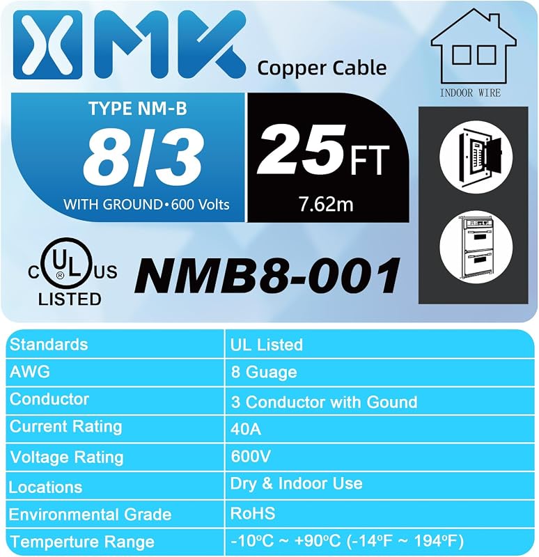 Cable NM-B 8/3 con tierra 25pies cobre 8AWG PVC
