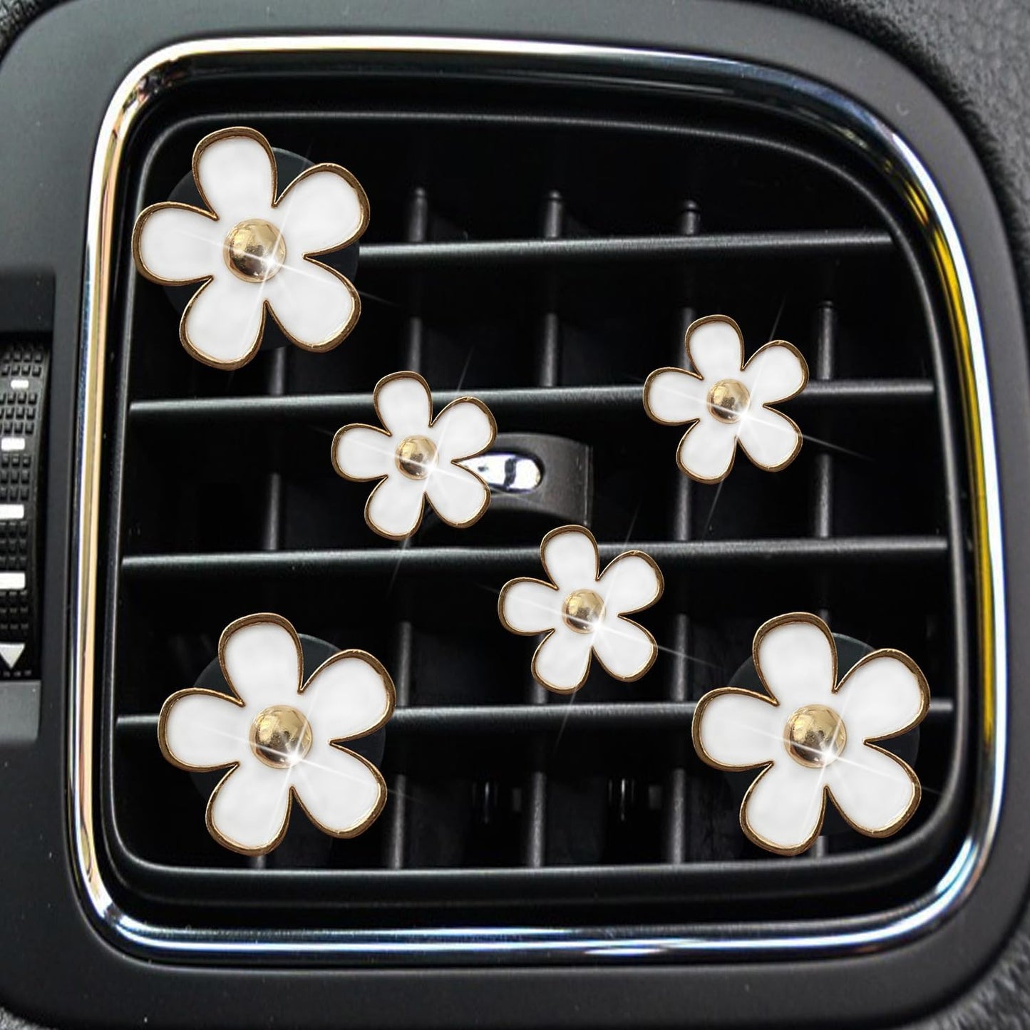 6 Clips Ventilación Coche con Margaritas Coloridas Blanco