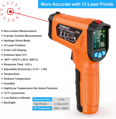 Termómetro láser infrarrojo MESTEK -58°F a 1472°F LCD color