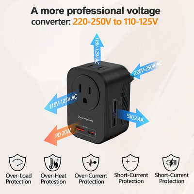 Convertidor voltaje 220V a 110V 20W 2 USB 2 Tipo-C