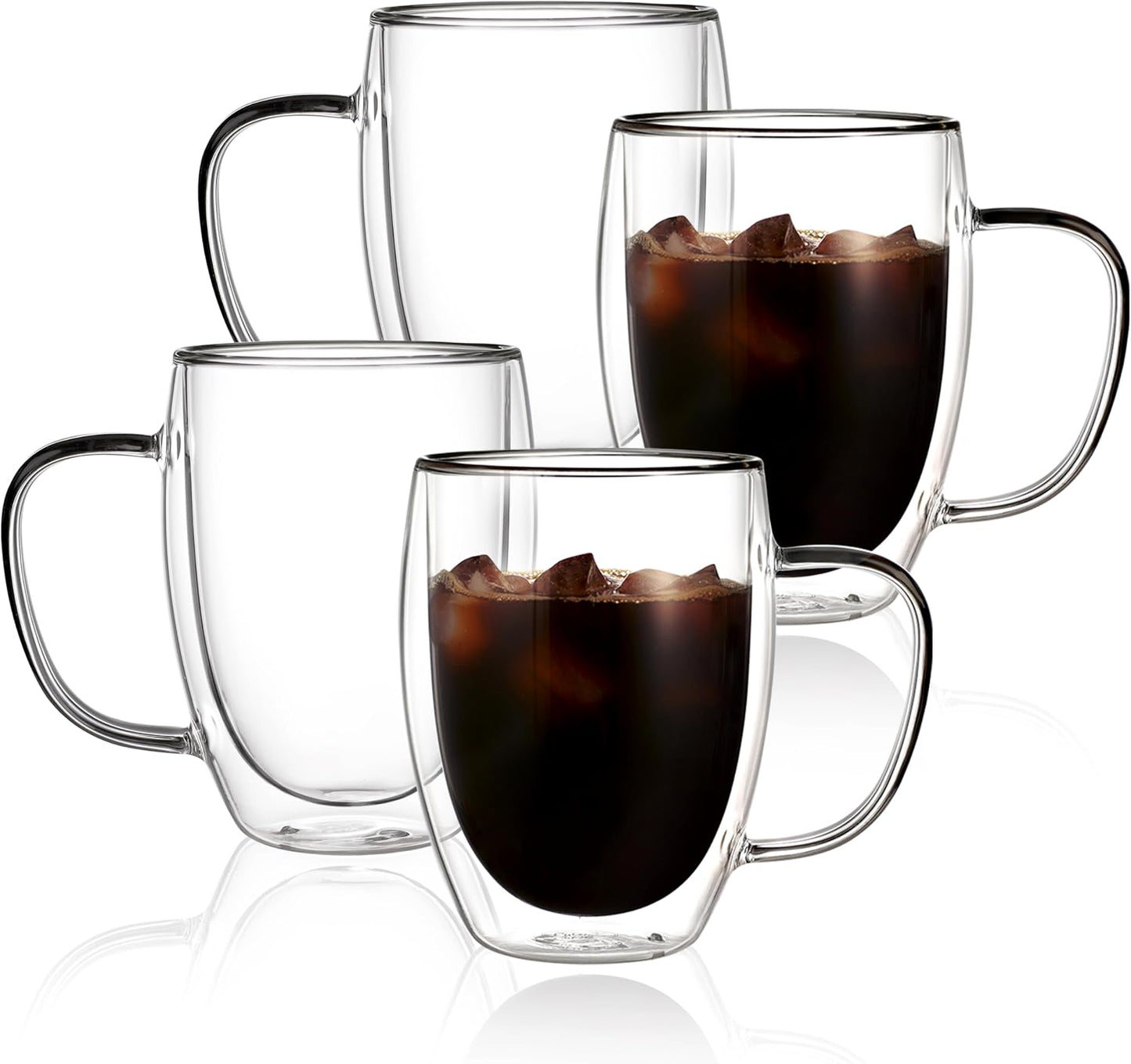 Tazas café vidrio doble pared 12oz set 4 con asa