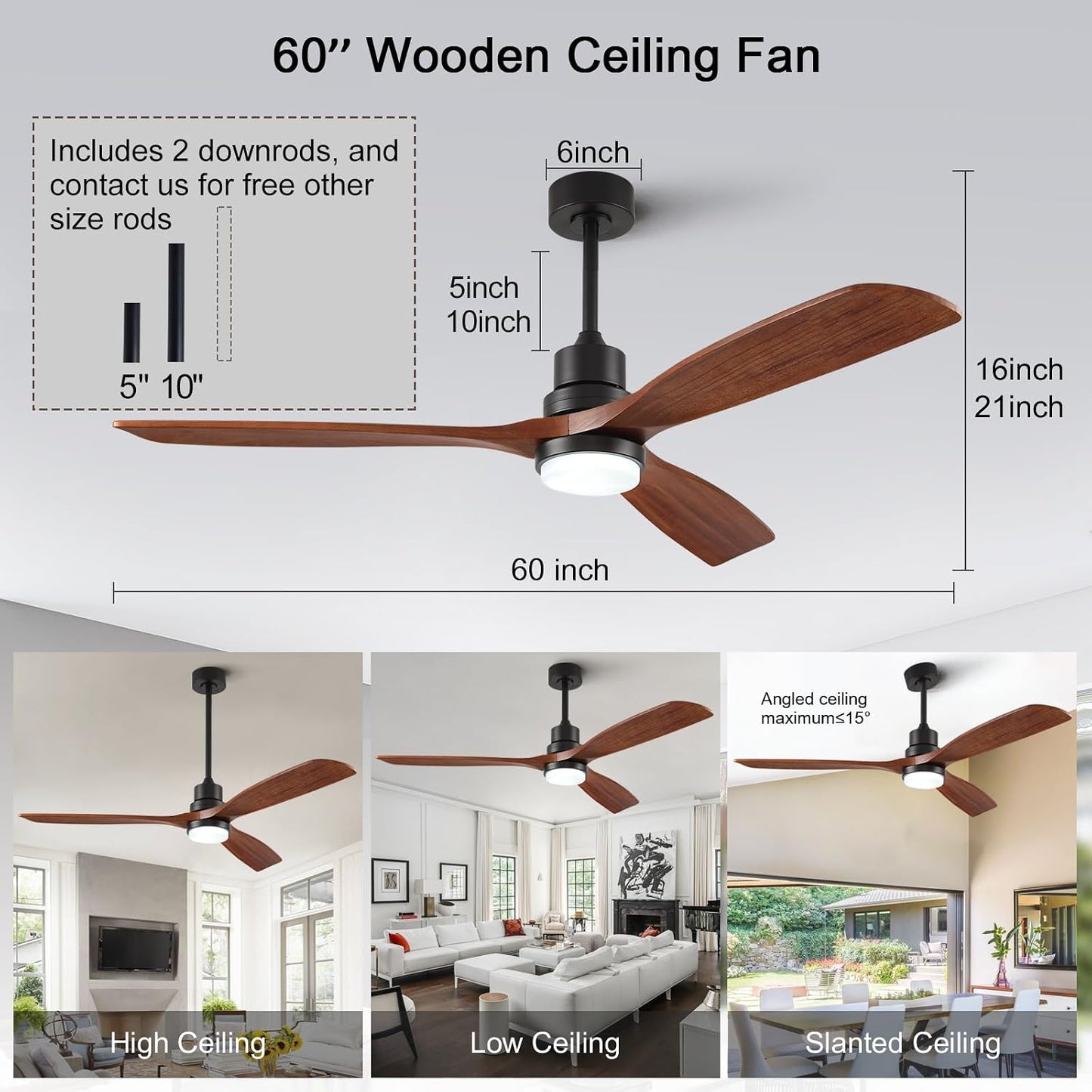 Ventilador techo 60pulg madera negro con luces control