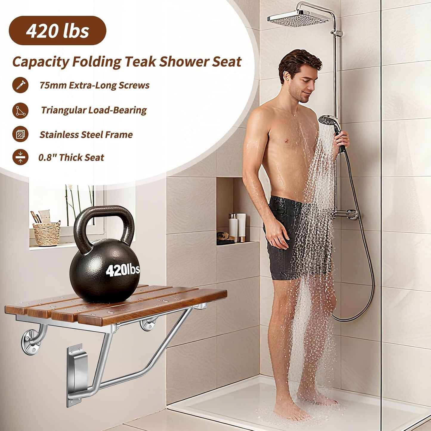 Asiento ducha plegable teca 18pulg pared 420lb acero inox