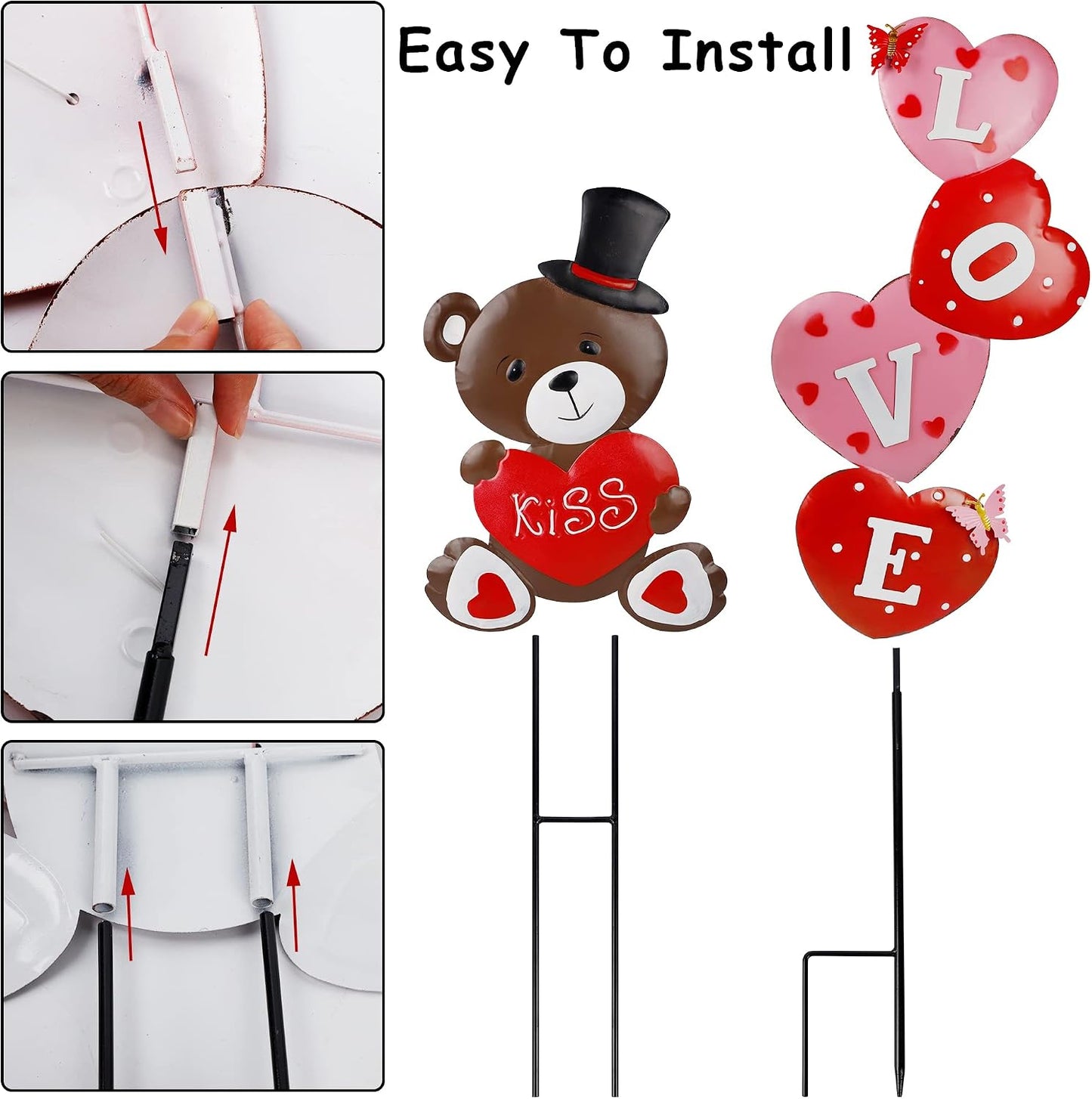 Decoración San Valentín 2 carteles estacas metal corazón oso
