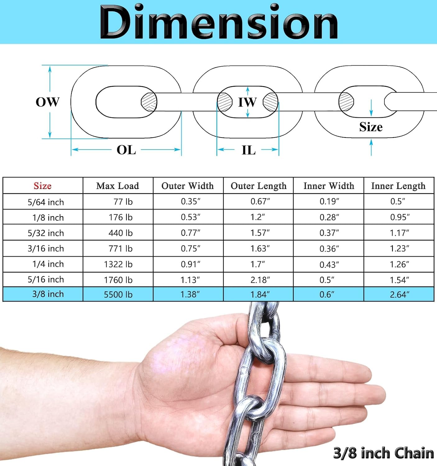 Cadena acero inox 3/8" 6.5ft utilitaria seguridad