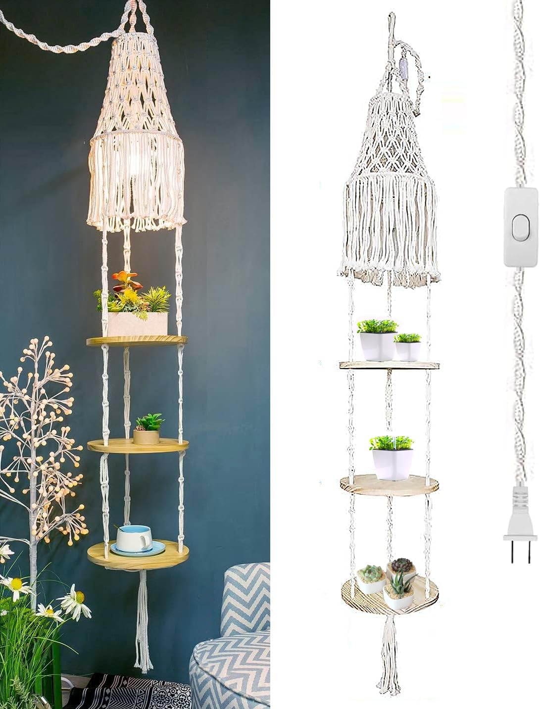 Lámpara colgante macramé soporte plantas dormitorio