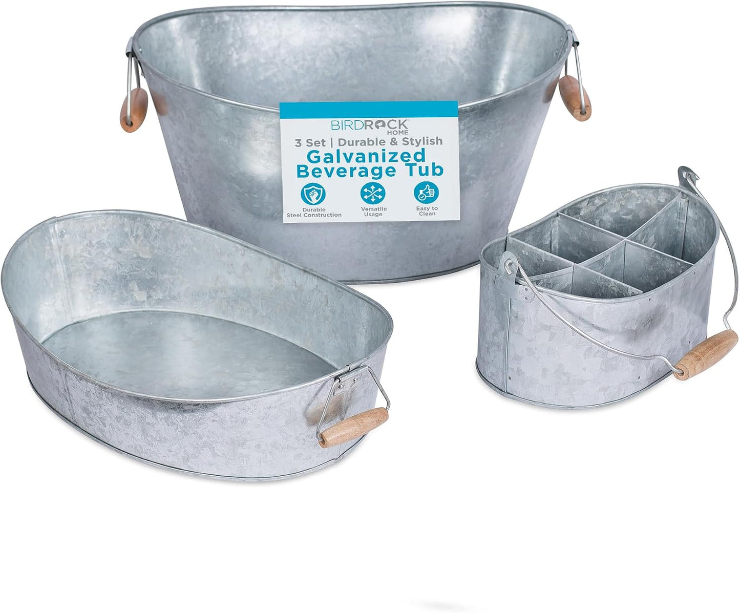 Set 3 Pzas Tina Galvanizada para Bebidas con Asas Madera