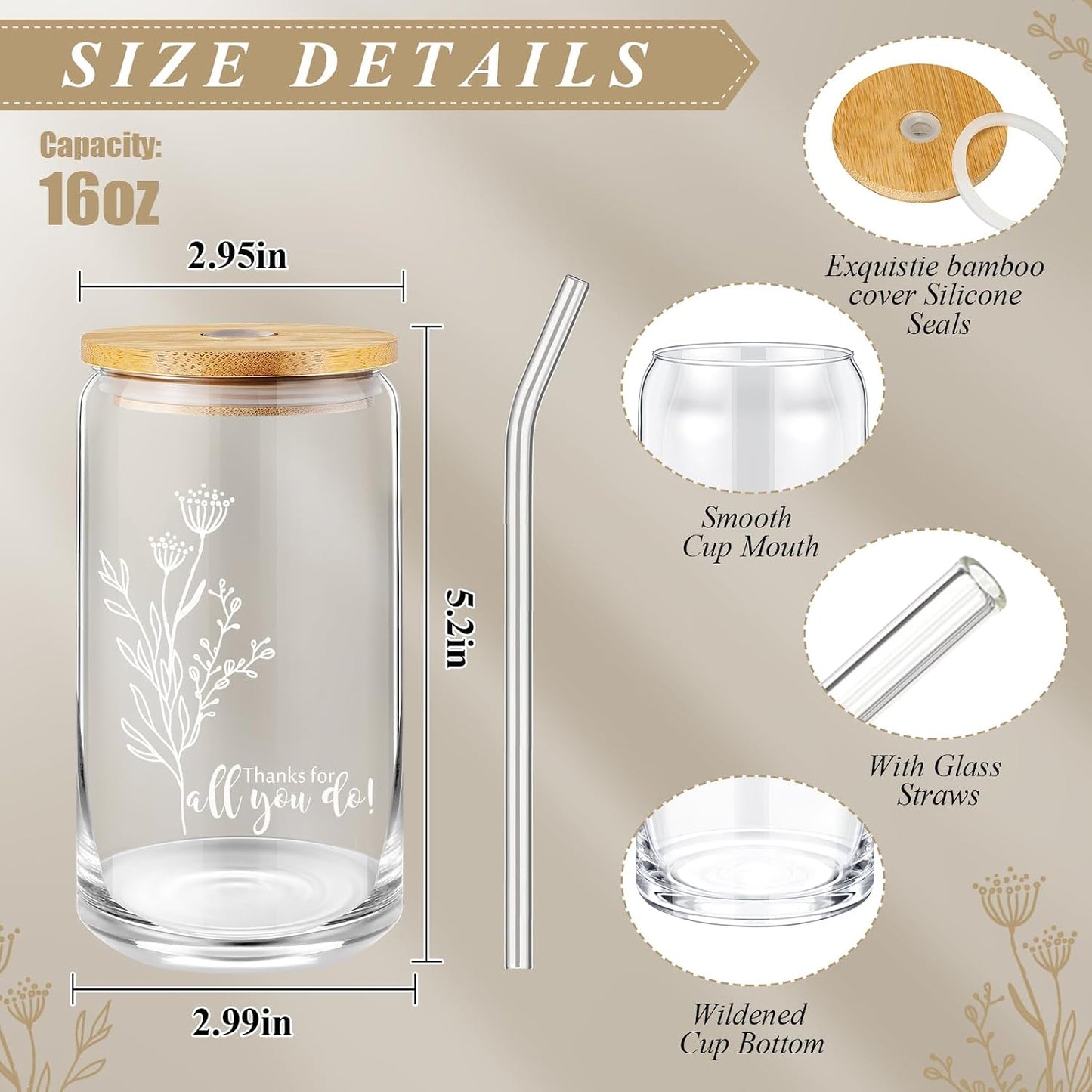 Vasos vidrio 16oz con tapa popote 20uds multicolor