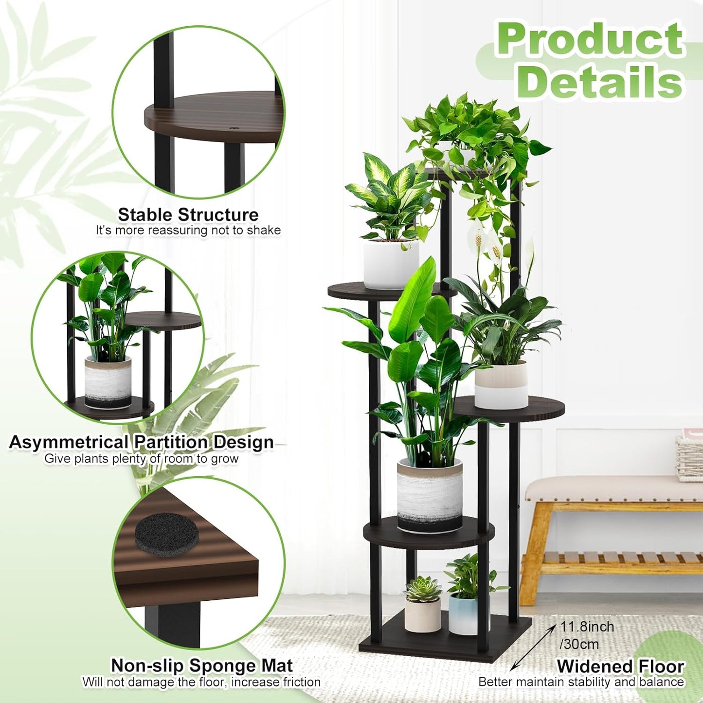 Soporte madera 5 niveles para plantas estante metal negro