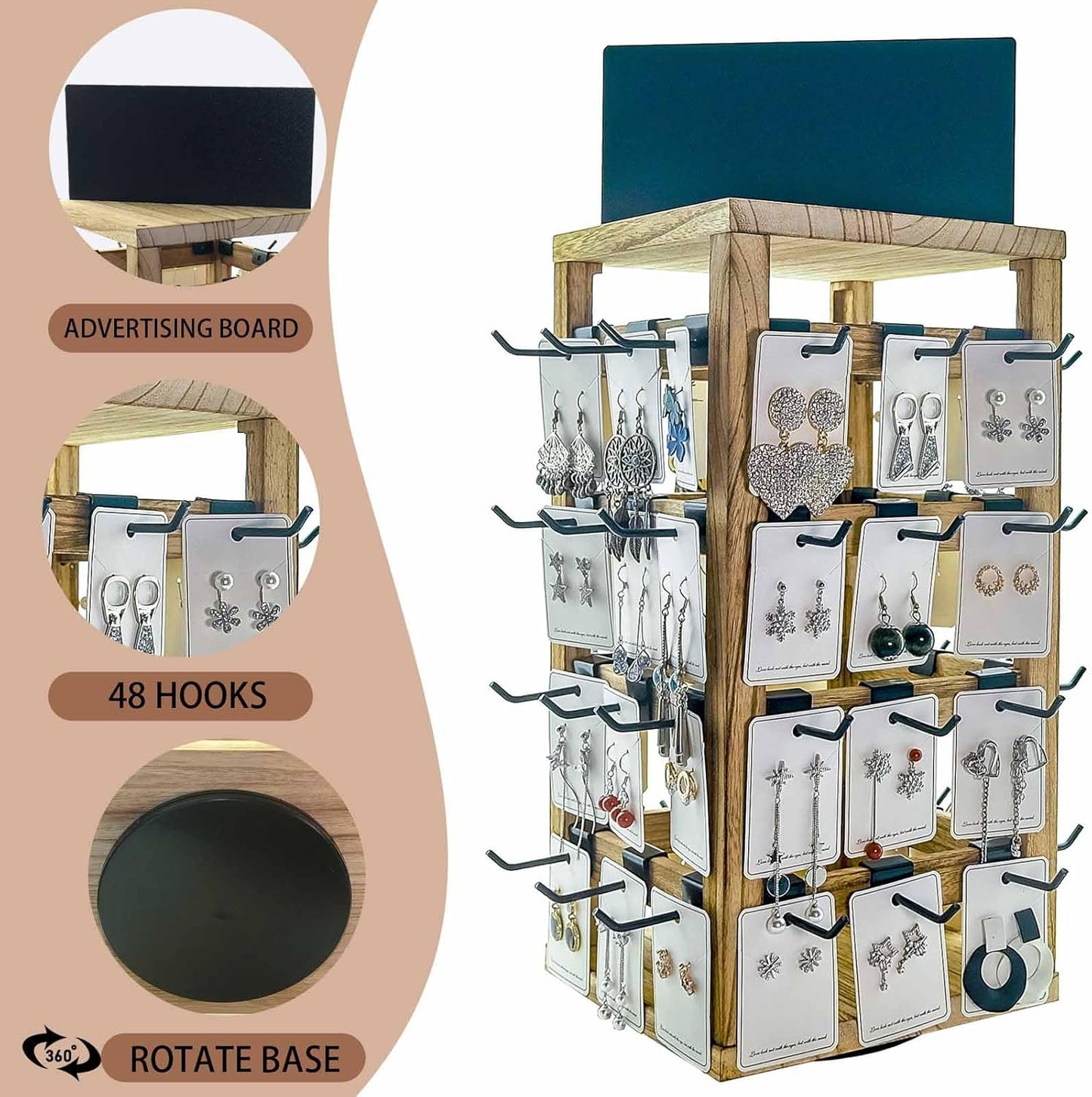 Soporte giratorio madera 48 ganchos remov. para joyería