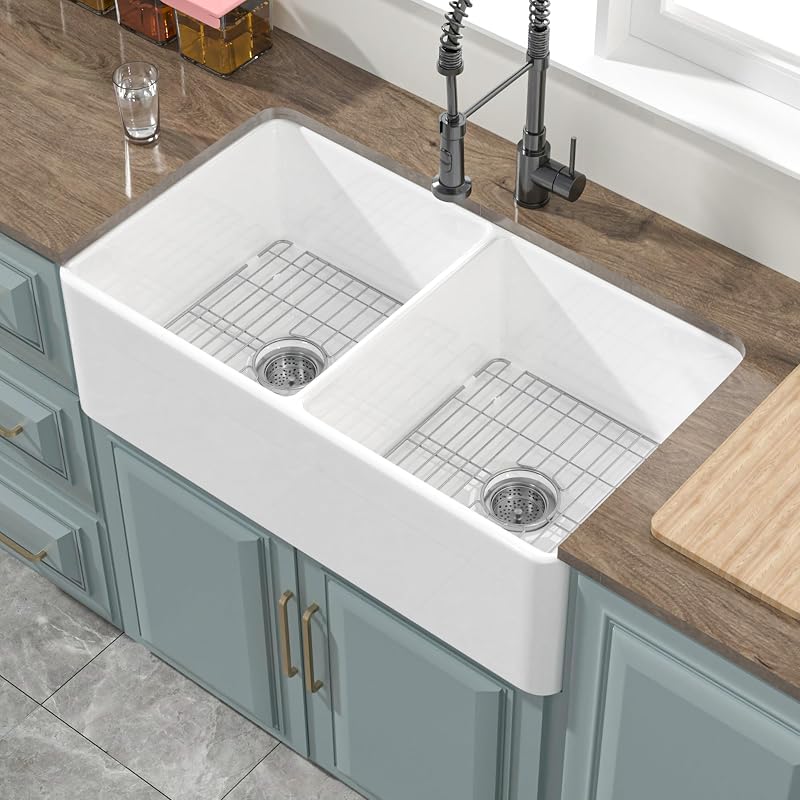 Fregadero de granja doble reversible 33x18pulg color blanco