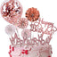 Decoración pastel oro rosa velas cumpleaños globo confeti abanicos
