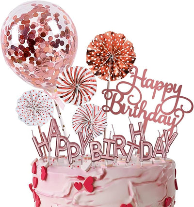 Decoración pastel oro rosa velas cumpleaños globo confeti abanicos