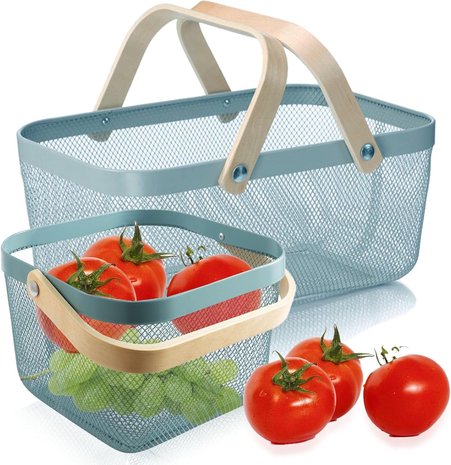 2 Cestas Picnic Malla Metálica Mango Madera Plegable Azul