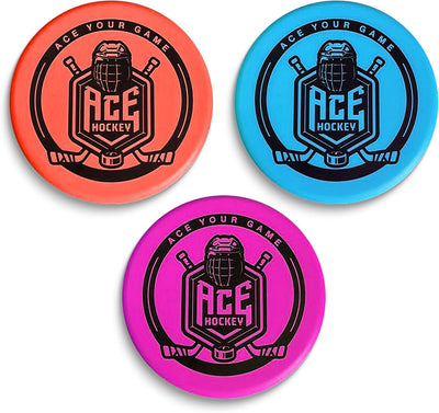 Set 3 discos hockey suaves 3" color azul rojo morado