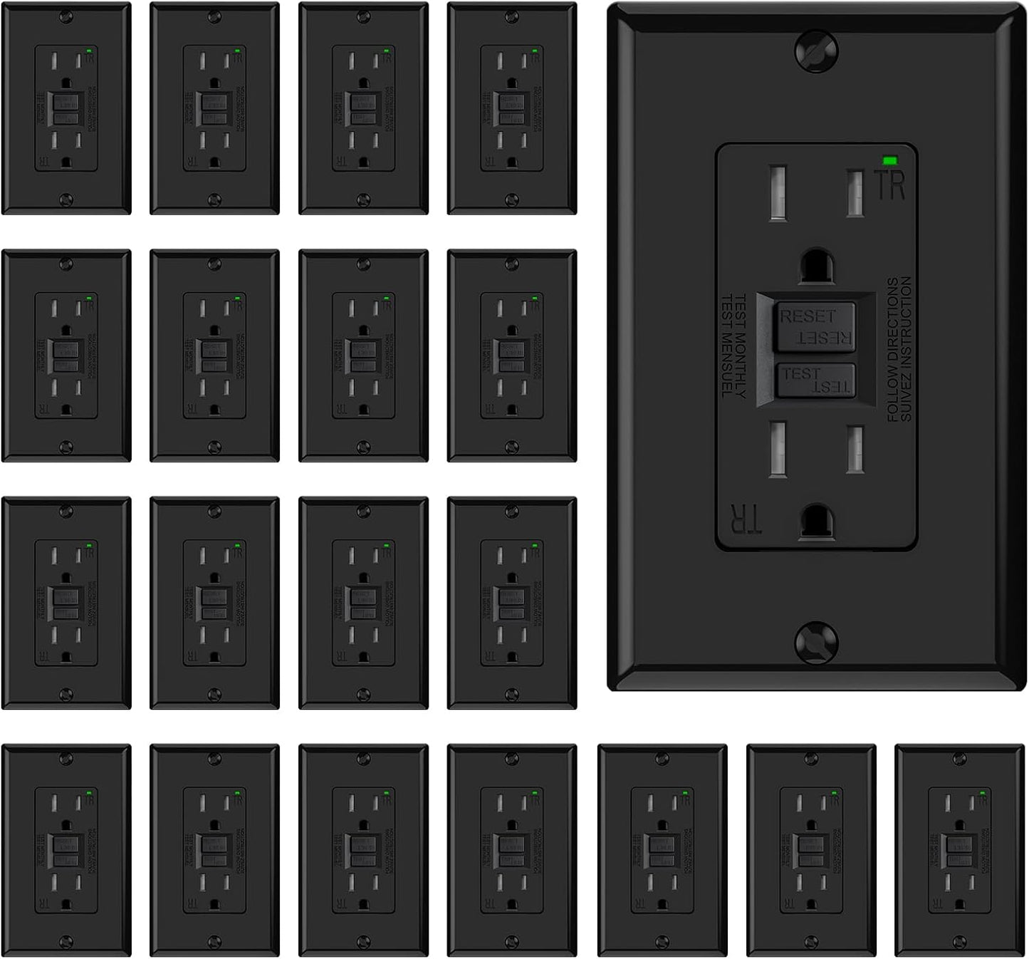 Salida GFCI 15A diseño estrecho con LED y placa UL negro