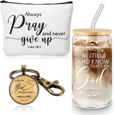 3 Pzas Regalo Cristiano Taza Vidrio 16oz Llavero Bolsa Maquillaje