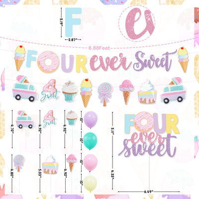 Decoración fiesta 4 años donas helado globos cupcakes