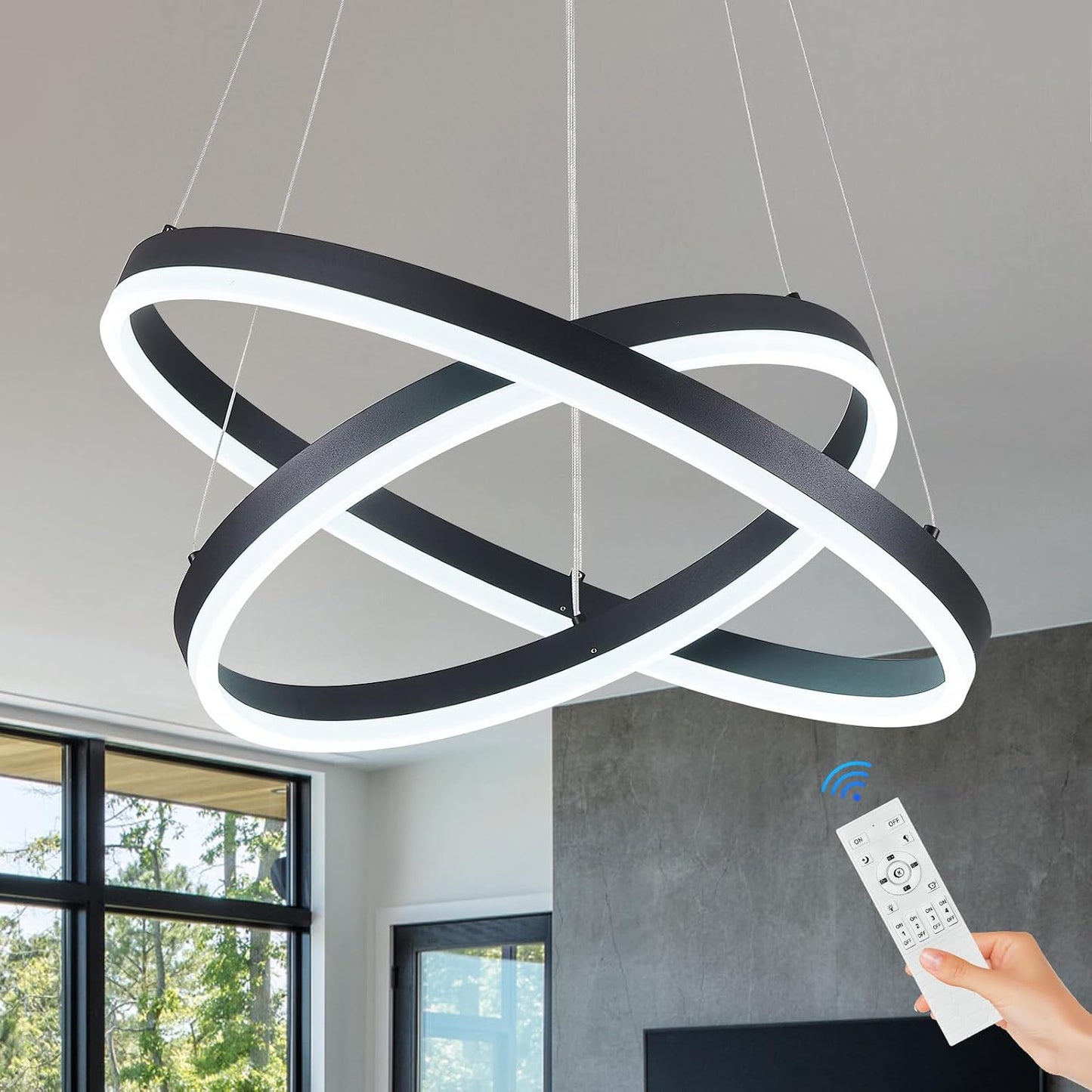 Candelabro LED Negro 2 Anillos Luz Colgante Control Remoto