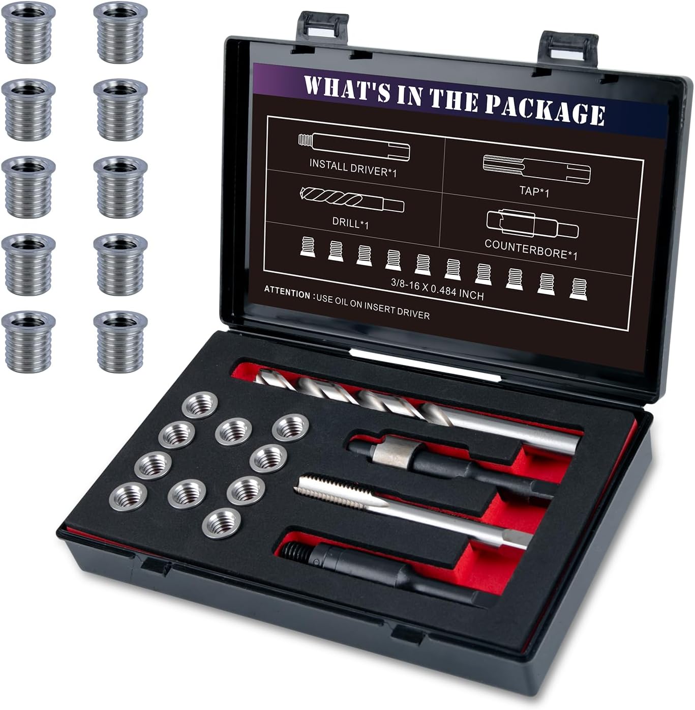 Kit reparación rosca SAE 3/8-16 con broca HSS 10 pzas