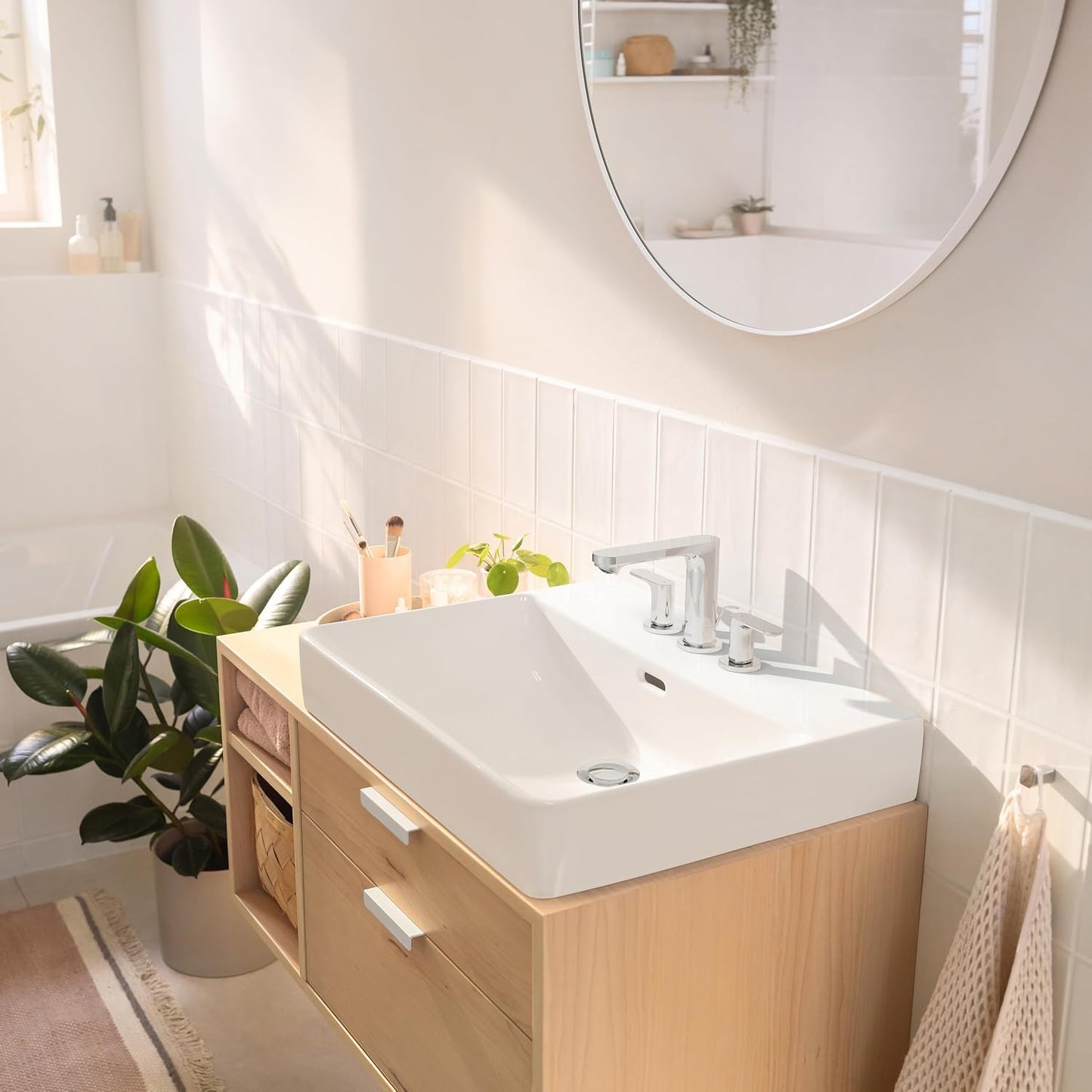 Grifo lavabo baño 2 asas 3 agujeros níquel cepillado