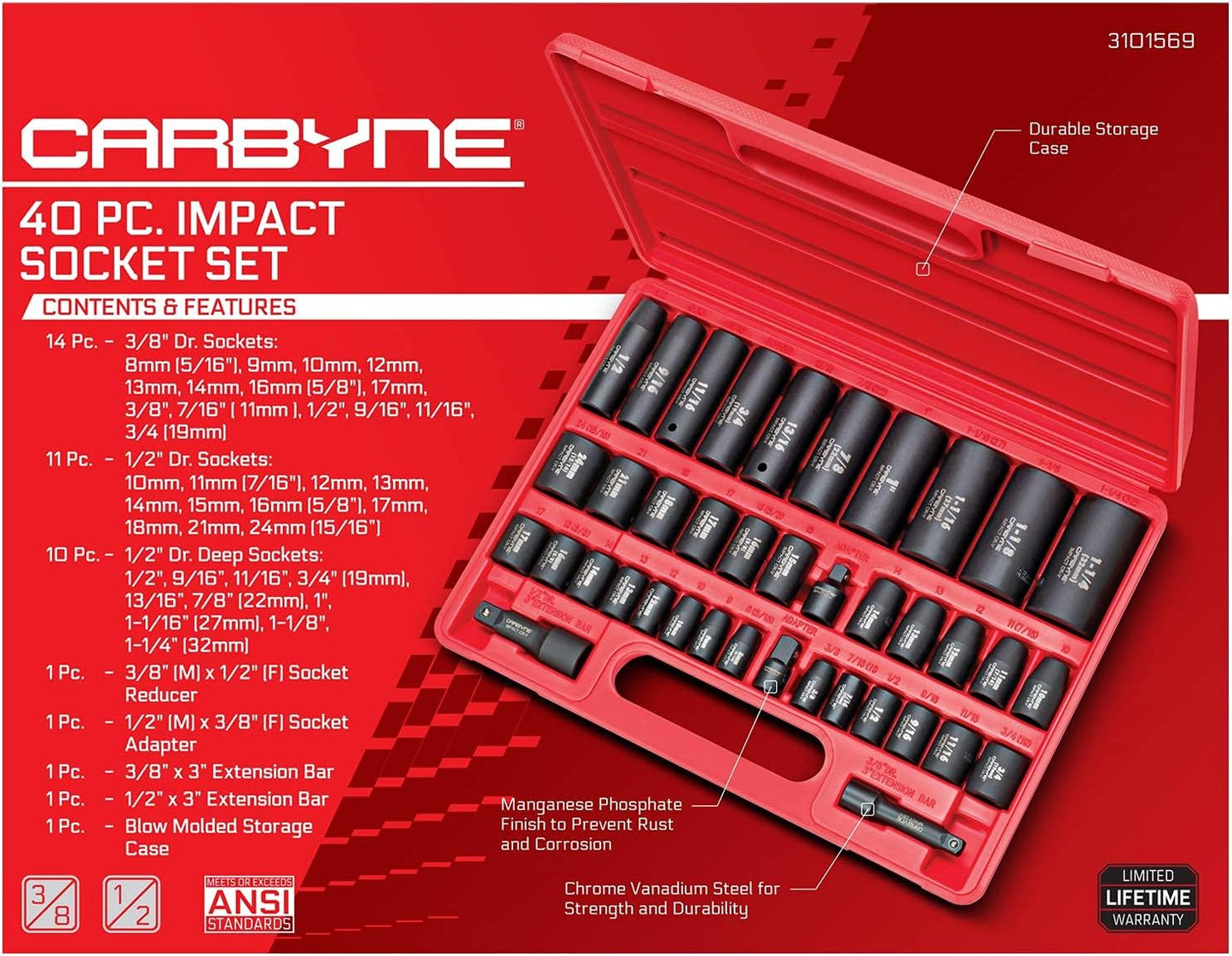 Set 40 Pzas Llaves Impacto SAE Métrico 3/8 y 1/2pulg