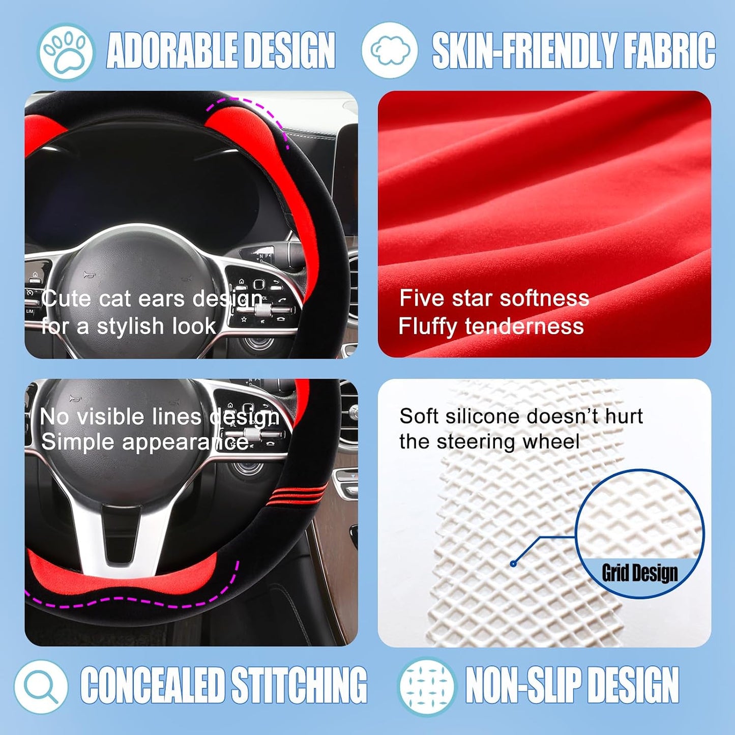 Funda volante peluda 14" antiderrap resistente negro rojo