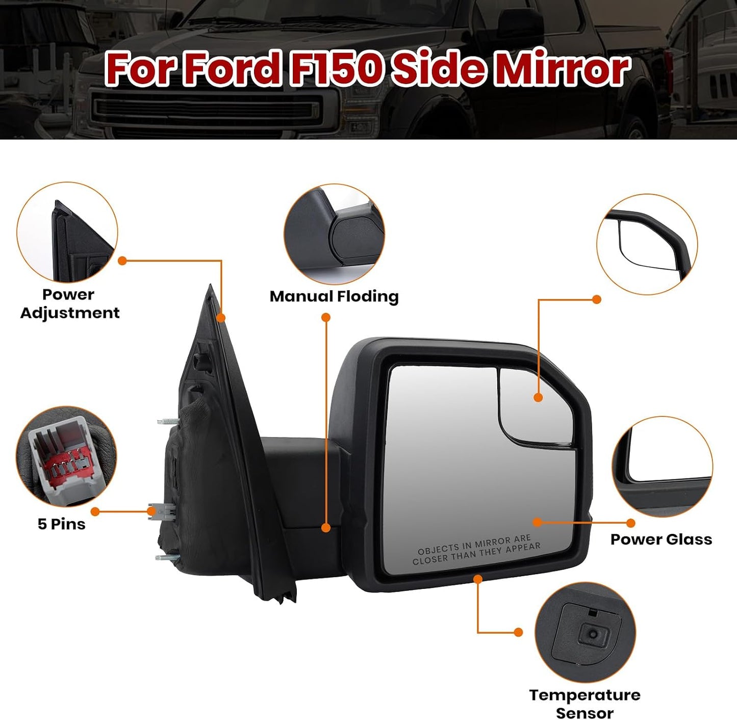 Espejo lateral Ford 5 pines vidrio eléctrico plegable