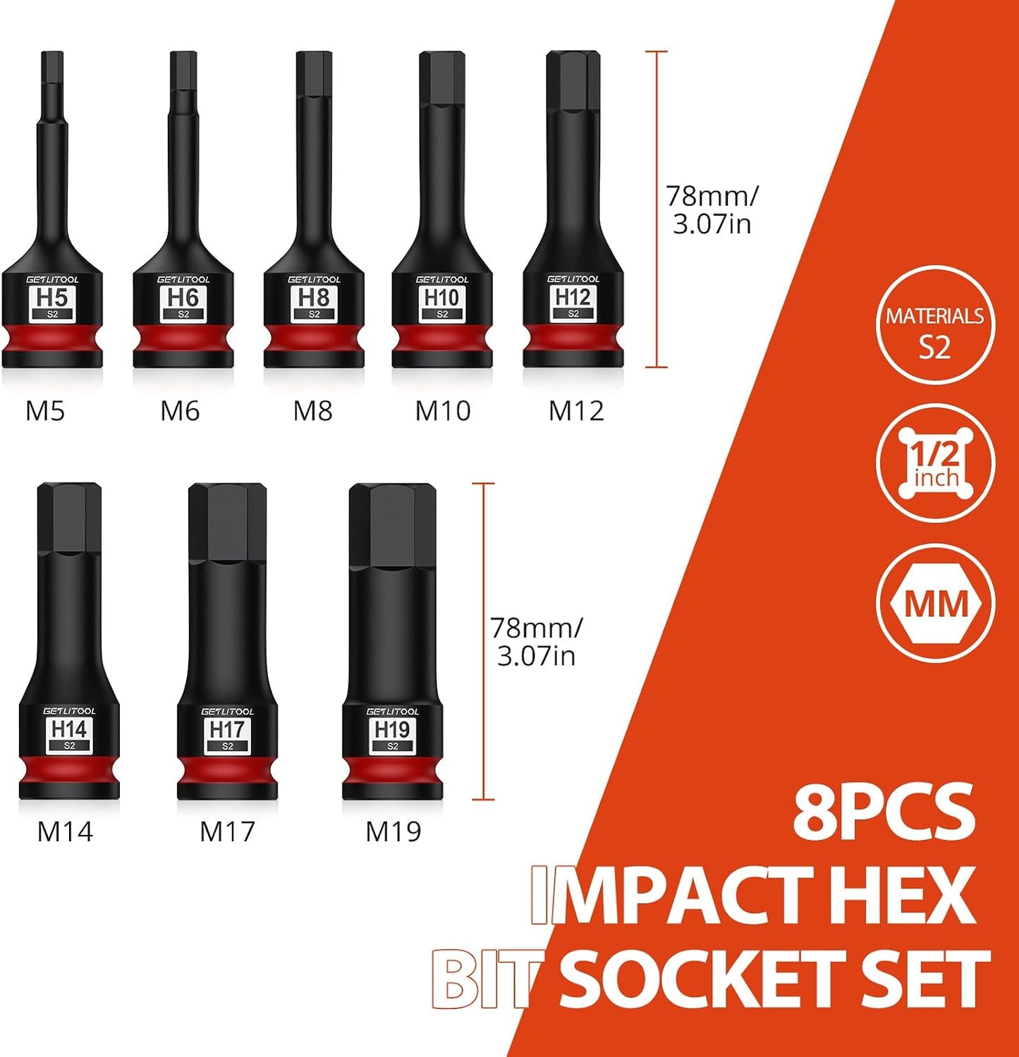 Set 8 llaves vaso hex impacto 1/2 pulg S2 acero con estuche