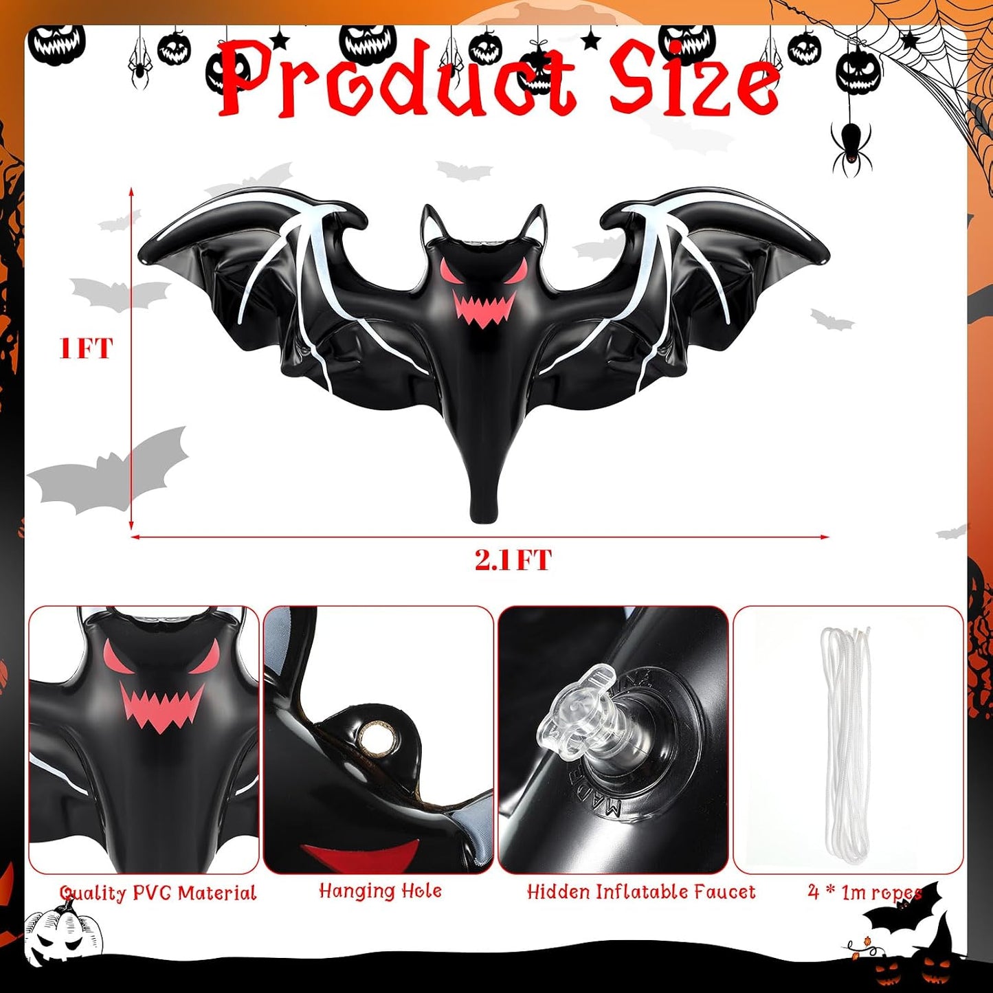 4 Murciélagos Inflables Halloween 26" Negro Exteriores
