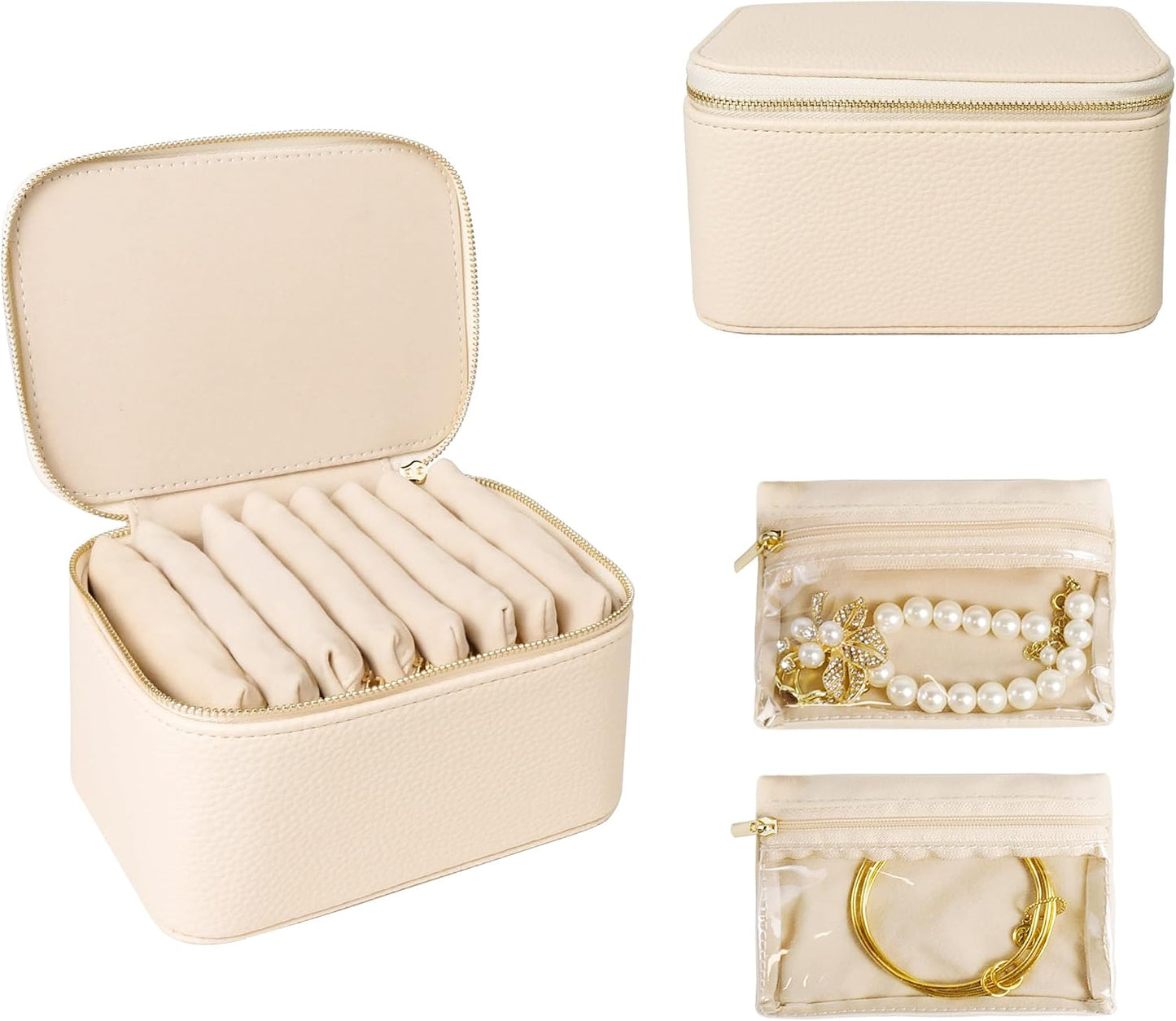 Caja joyas viaje con 8 bolsas terciopelo beige