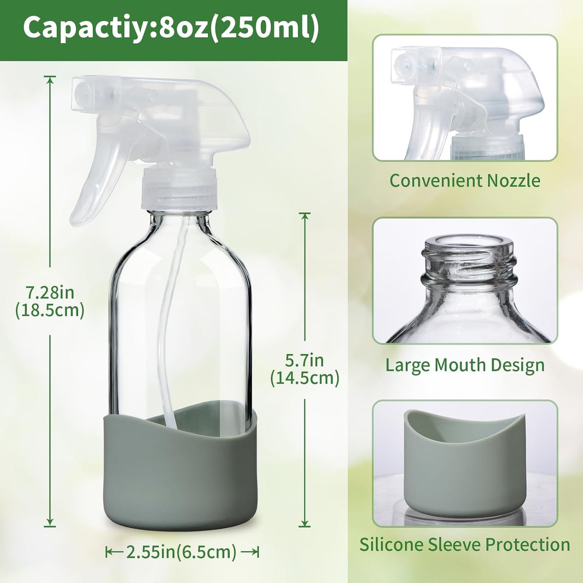 Botella vidrio 8oz con funda silicona spray reutilizable ecológica