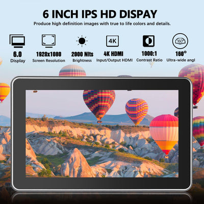 Monitor táctil 6 pulg 4K HDMI 2000nits con batería y capucha
