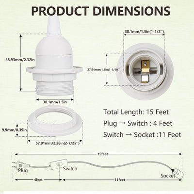 Cable luz colgante E26 con enchufe 15pies set 2
