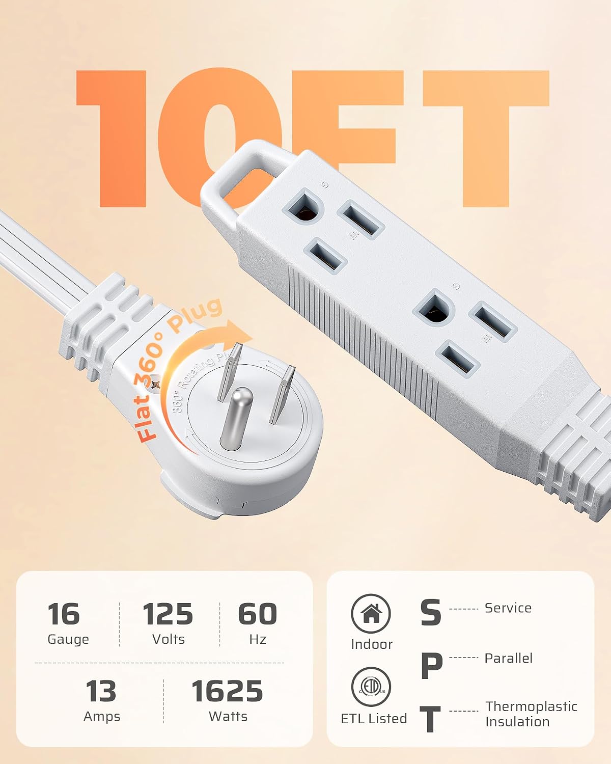 Cable extensión enchufe plano 10ft 3 puntas 13A 16AWG SPT-3