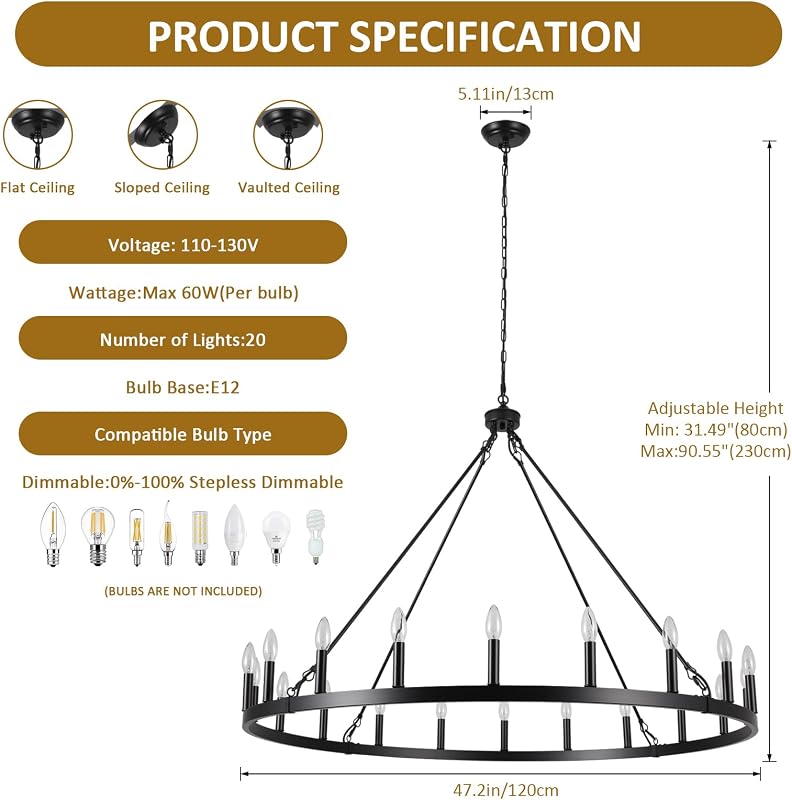 Candelabro negro 47.2pulg 20 luces industrial sala de estar