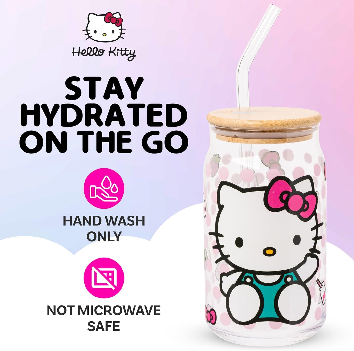 Vaso Hello Kitty vidrio con lazo leche fresa 16oz