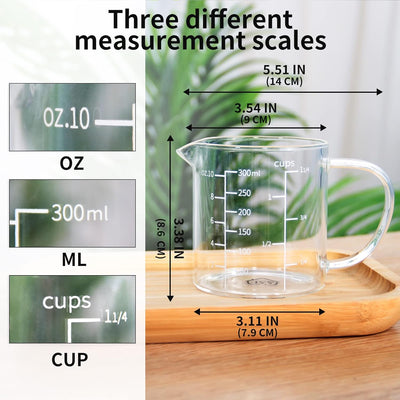 Vaso medidor vidrio borosilicato 10.1oz con boquilla V y escalas
