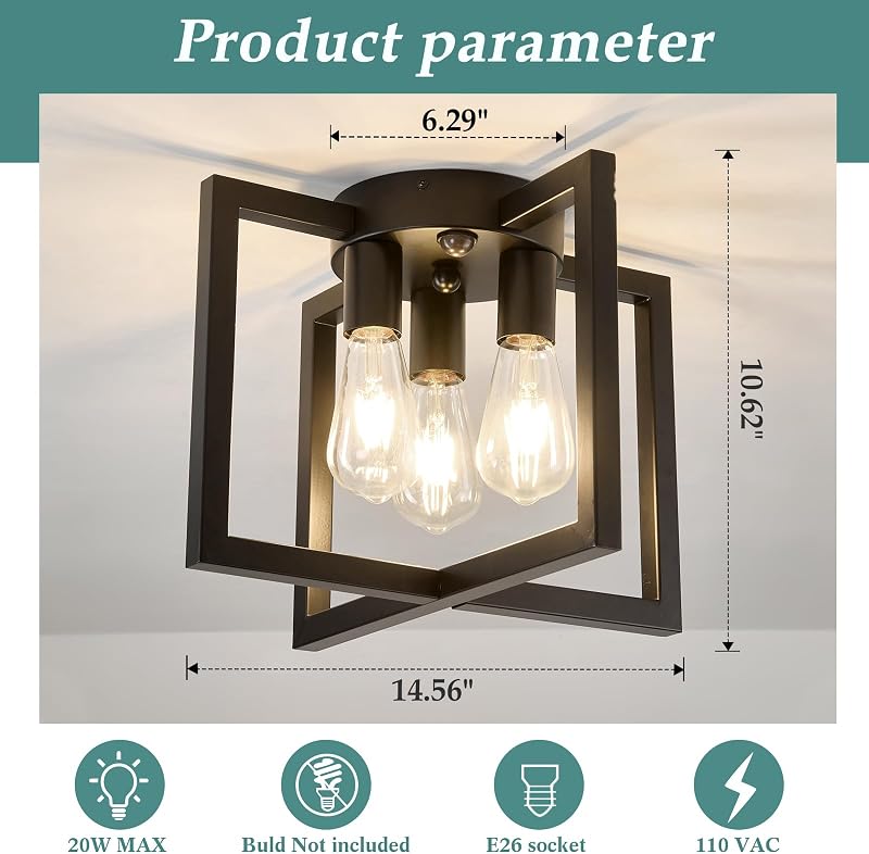 Lámpara techo sensor movimiento 3 luces negro industrial