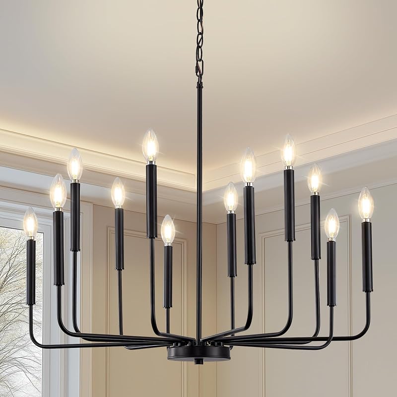 Candelabro moderno negro 12 luces estilo granja