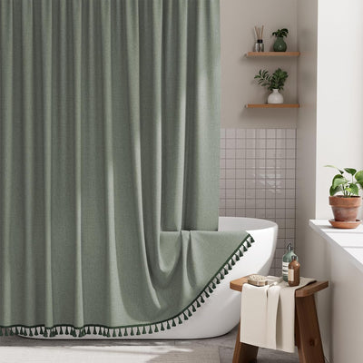 Cortina ducha bohemia tela lino sintético 72x72pulg verde salvia