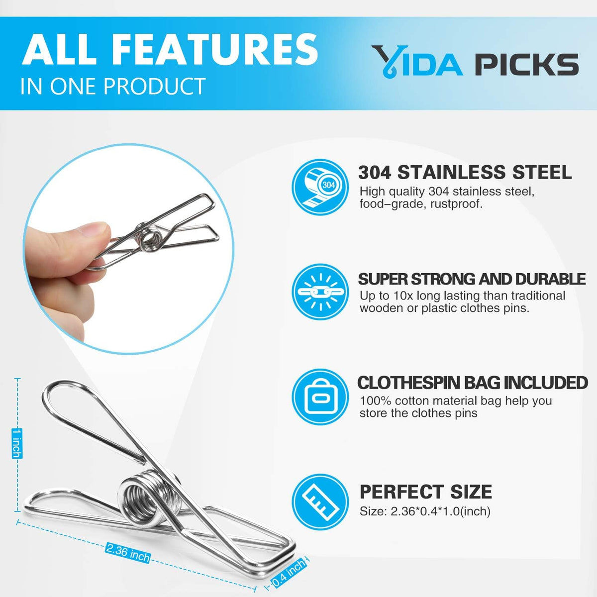 40 Pasadores Acero Inox 0.06pulg para Colgar Ropa