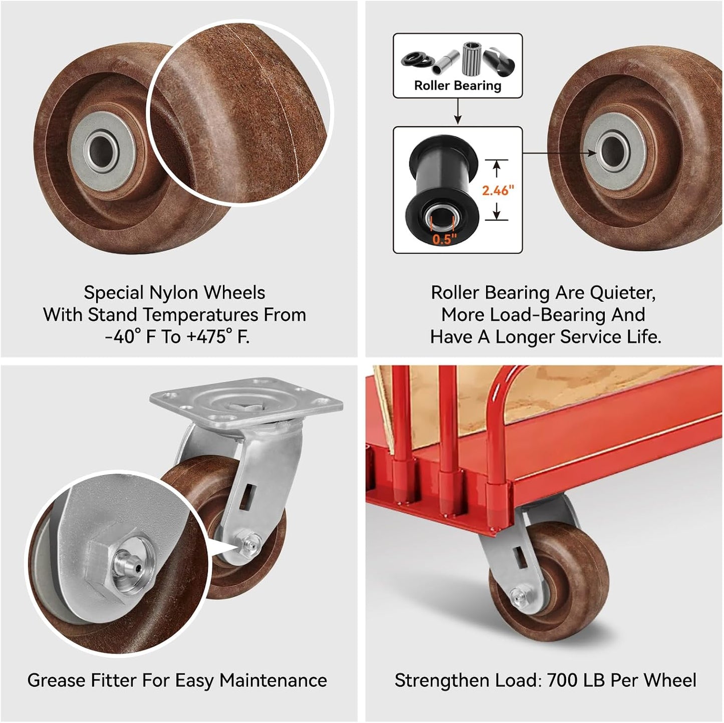 Ruedas giratorias 4pulg nailon vidrio 800lb -40° a 475°F