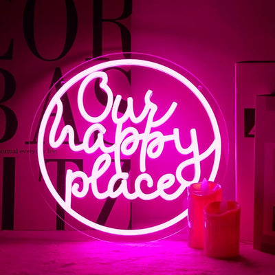 Letrero neón Our Happy Place para dormitorio, sala, bar y fiestas