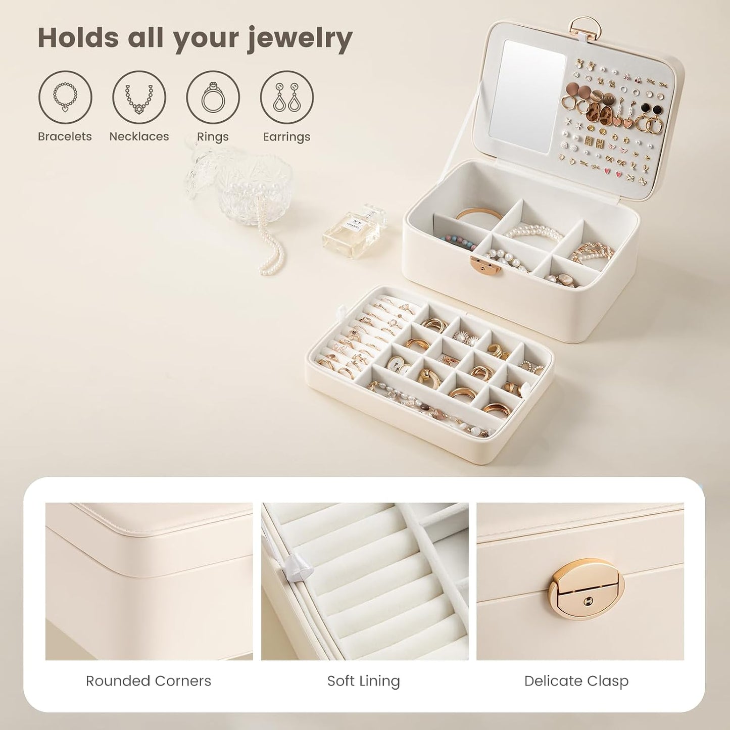 Caja joyas 2 capas con llave espejo mujer