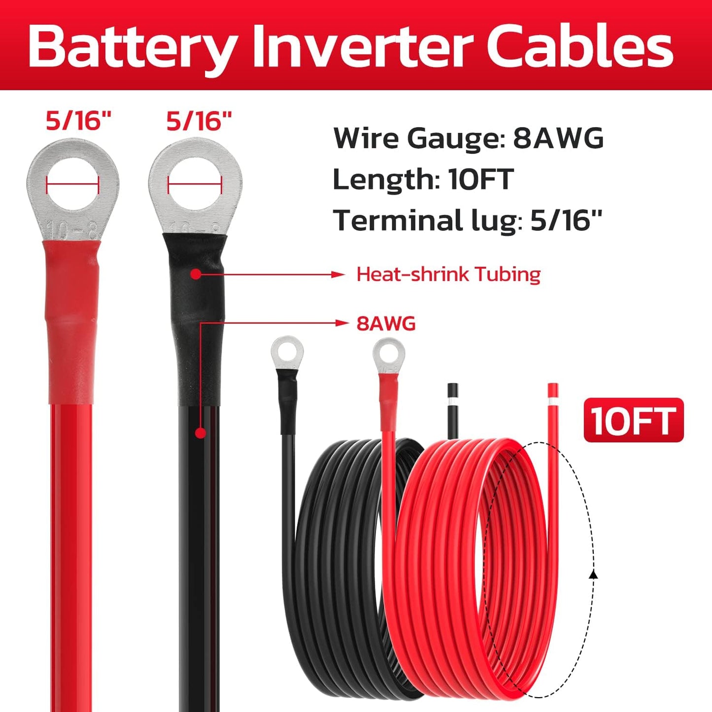 Cable batería 8AWG 10pies cobre estañado con lengüetas 5/16"