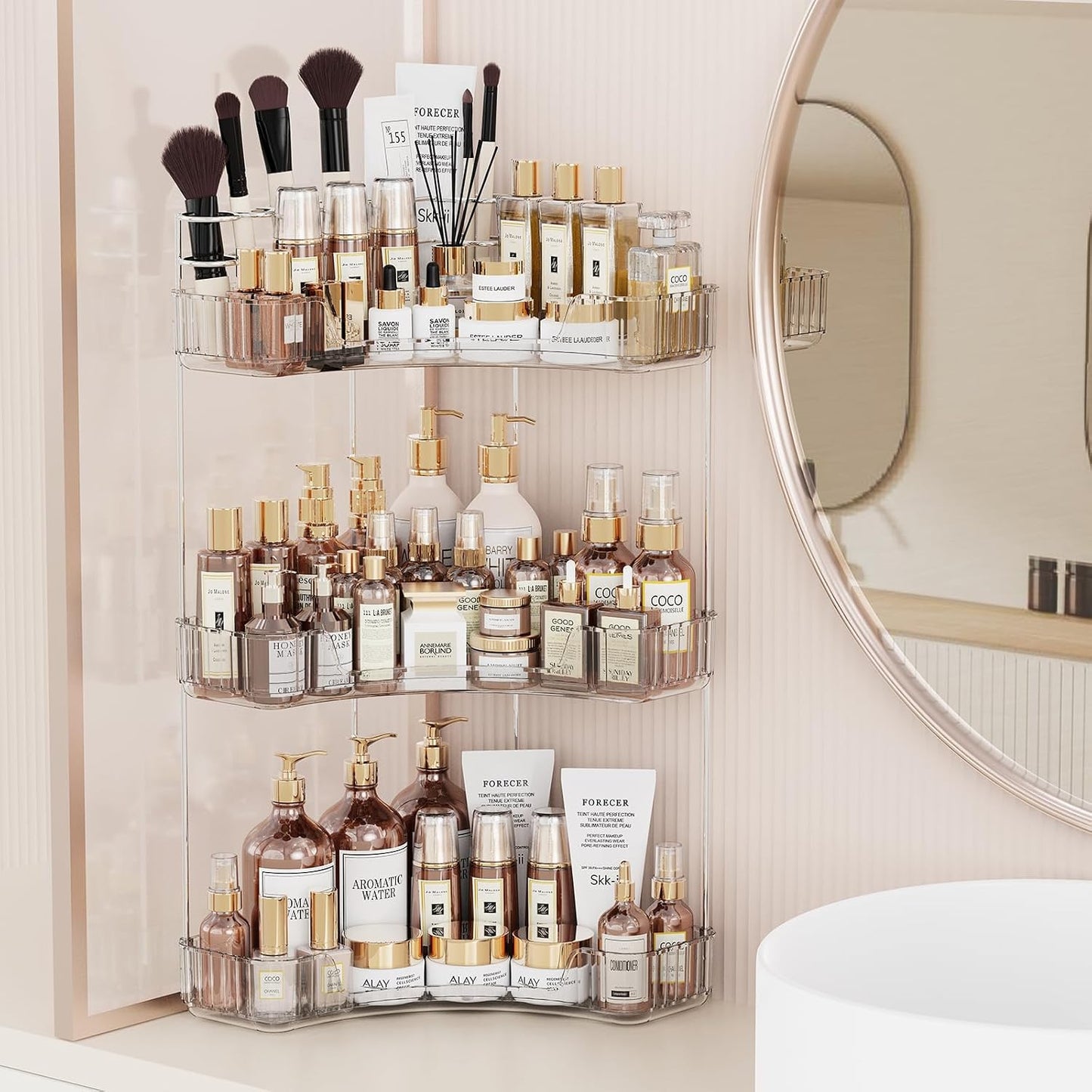 Organiz. esquinero baño 3 niveles soportes cepillos maquillaje