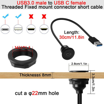 Cable USB3.0 a USB C 5 Gbps con montaje fijo para tablero coche